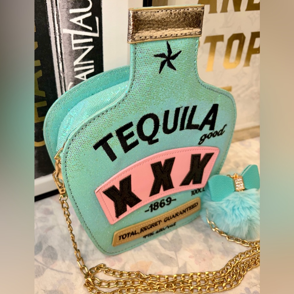 CINCO DE MAYO Tequila Bottle Crossbody Bag - Aqua with Pink Accents - Picture 3 of 8